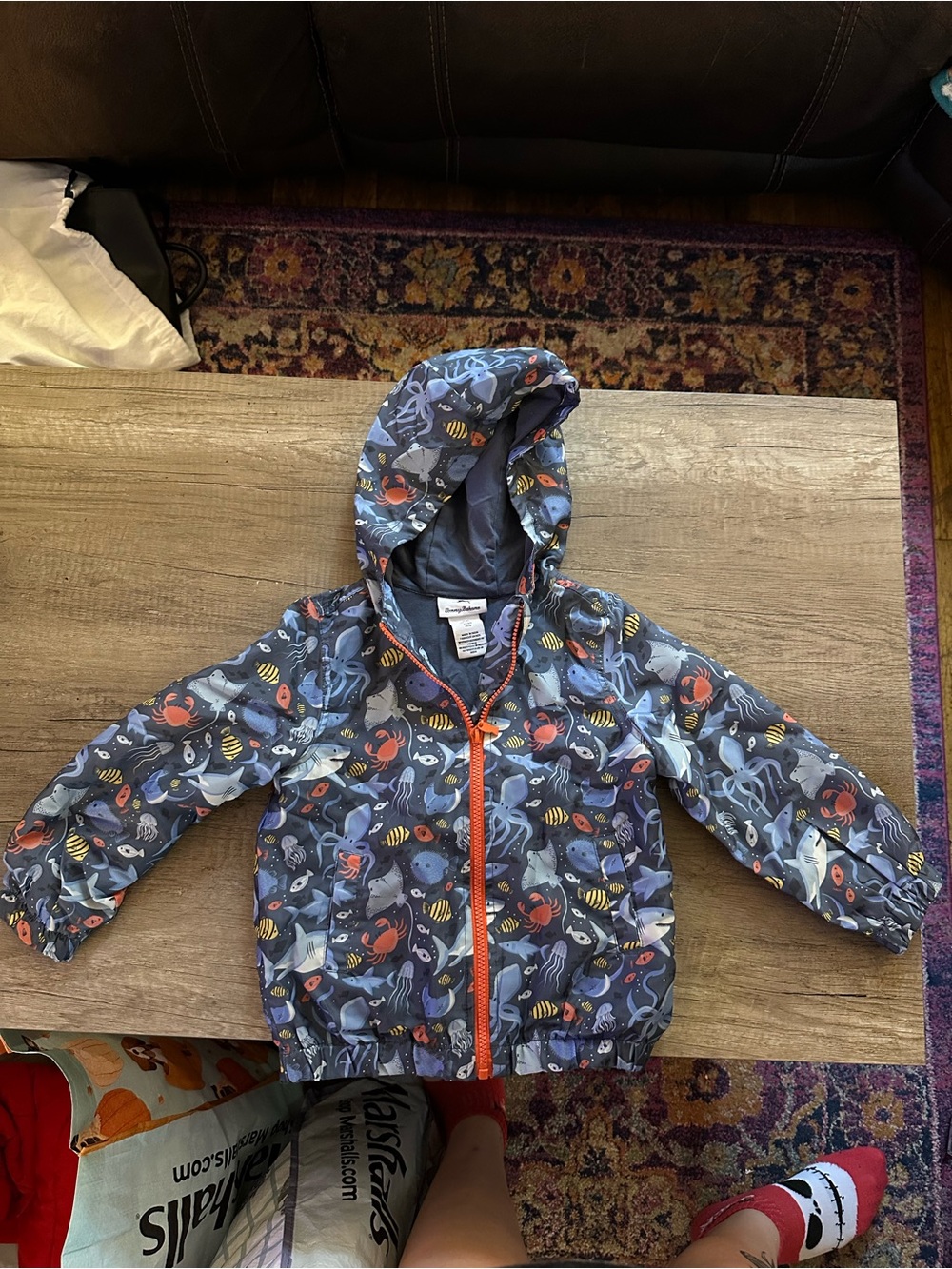 Tommy Bahama Navy Ocean Animal Hooded Rain Jacket with Orange Zip